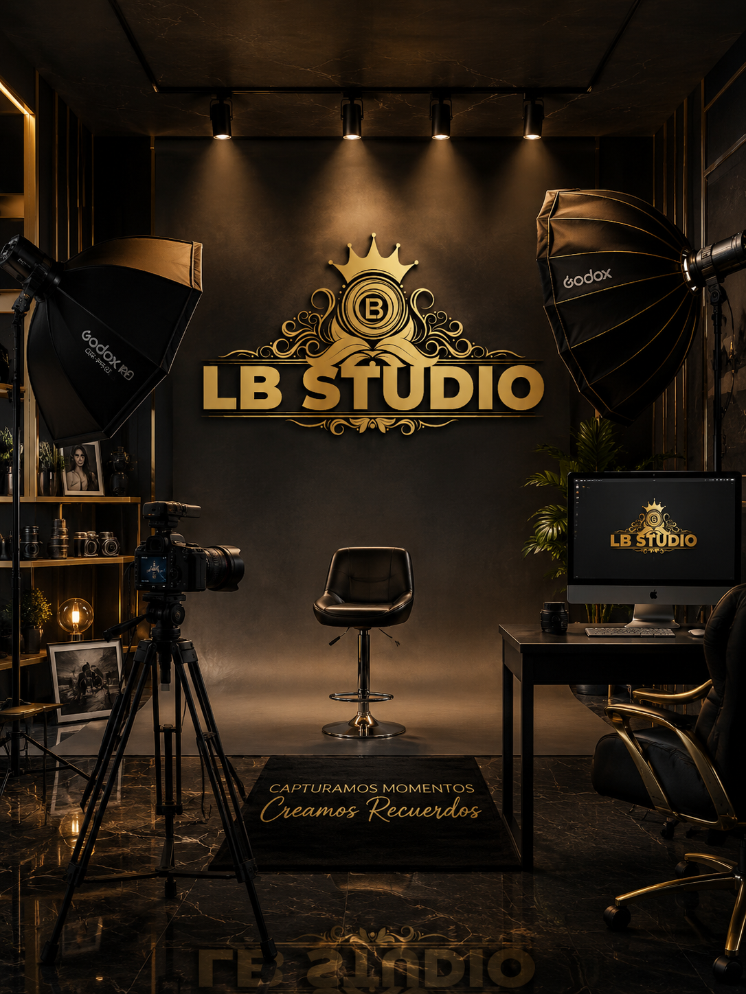 Interior profesional del estudio LB STUDIO con logo dorado, equipo fotográfico e iluminación cálida